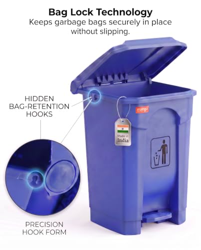 Image of pedal dustbin with lid, heavy duty plastic garbage bin, hands-free step-on waste bin for kitchen, office, home, hotel, bathroom & outdoor use (Blue, 35 Liters)