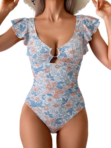 Image of Eomenie Womens Ruffled One Piece Swimsuit Slimming Tummy Control Bathing Suit V-Neck Cutout Swimwear for Resort Wear