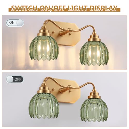 Image of Vintage Gold Vanity Lights, 2-Light Green Tulip, Antique Brass Finish | Brushed Gold Bathroom Light Fixtures, Crystal Wall Sconce Ideal for Bedroom, Living Room, E26 Compatible, Easy Install