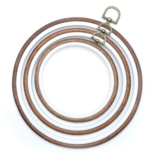 Image of Embroiderymaterial Round Decorative Embroidery Hoop Frame Set | 3 Sizes - 5.5, 7 & 8.5 Inch | Imitation Wood | Antique Brass Screw & Hanging Ring | Cross Stitch Display Frame | Wall Hanging Craft