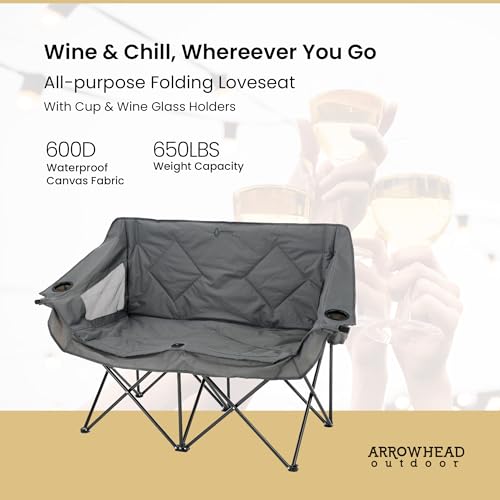 Arrowhead Outdoor Portable Folding Double Camping Loveseat Chair w/ Cup & Wine Glass Holders - image 3