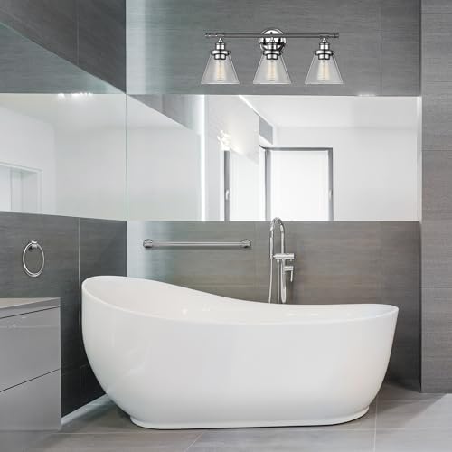 Image of Globe Electric 51234 5-Piece All-in-One Bathroom Set, Chrome, 23 inch 3-Light Vanity Wall Light with Clear Glass Shades, Towel Bar and Ring, Robe Hook, Toilet Paper Holder, Beauty Room Accessories