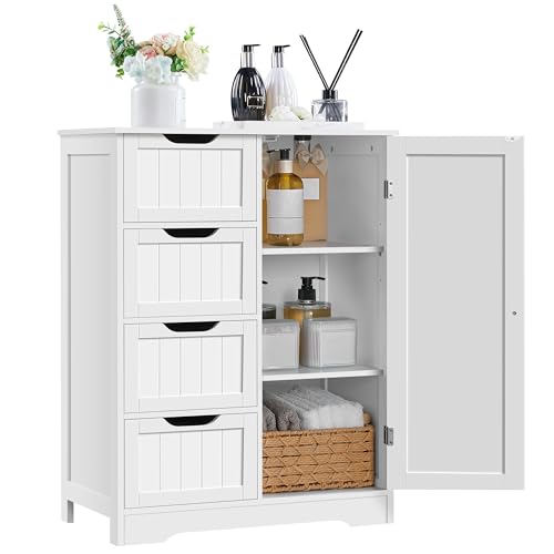 Yaheetech Large Bathroom Floor Cabinet with 4 Dawers and Single Door Cabinet, Freestanding Storage Cabinet for Living Room Kitchen Hallway, White