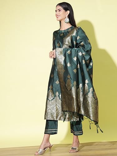 Image of VredeVogel Women's Cotton Silk Jacquard, Banarasi Silk Kurta Pant With Dupatta Set