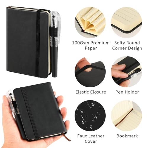 Qianyu Pocket Notebooks Mini Notebooks Hardcover Small A7 with Pens Lined Hardback Small Journal with Pen Loop 100 Sheets Each 11 × 8 CM Black Leather Pocket Size Notepad for Women Man - Image 3
