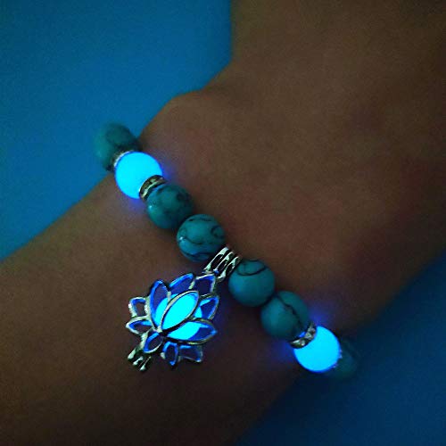 Luminous Glowing in the Dark Moon Lotus Flower Shaped Charm Bracelet for Women Natural Turquoise Stones Yoga Prayer Jewelry4