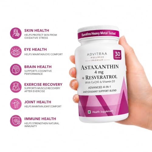 Image of Astaxanthin 4mg + Resveratrol 250mg | For Skin, Eye, Brain, Energy & Immunity | EUROFINS Lab tested | 4-in-1 Antioxidant powered with with COQ10 & Vitamin D3 | Fresh Microalgae Source | 30 Veg Capsules
