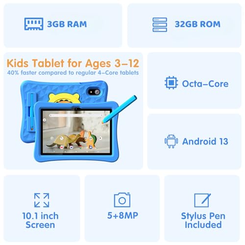 Image of 10.1 Inch Kids Tablet with Stylus & Case | Octa-Core 8GB RAM 64GB ROM | 7000mAh Android Tablet for Ages 3-12 | Parental Control, Pre-Installed Apps & GMS Certified (Pink)