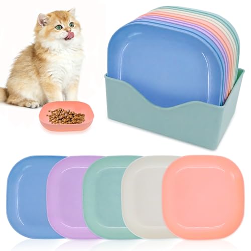 HVIHWI 10 Pcs Cat Food Bowl, Kitten Food Bowls Shallow Cat Dishes, Whisker Fatigue Free Square Shallow Cat Bowls for Wet and Dry Food, for Kittens and Short Legged Cats, Multicolor