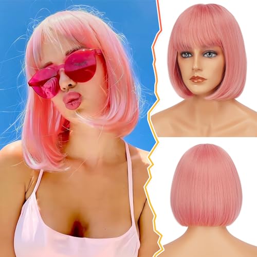 BARSDAR Pink Short Wig With Bangs