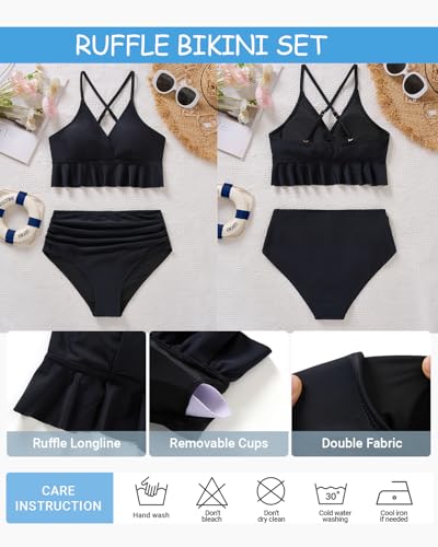 11 Best Two-Piece Bathing Suits for Women Over 50 in 2026 4 Tempt Me Women Solid Black Two Piece Swimsuits High Waisted Bikini Set Ruffle Flounce Tummy Control Bottoms Bathing Suit M