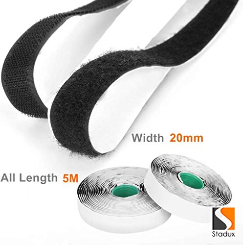 Stadux Adhesive Hook and Loop Tape, Heavy Duty Self Adhesive Sticky Hook Loop Tape Fastener Sticky Tape, Black, 20mm x 5m