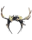 MedJoanny Handmade Deer Antles Headpiece : Women Headpiece Gothic Black Deer Antlers Flower Hair Hoop Hairband for Halloween Cosplay Black