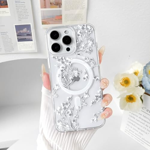 NITITOP Compatible with iPhone 13 Pro Case Clear Magnetic Compatible with MagSafe Cute Flowers Floral Leaves for Women Girls Hard PC Back Shockproof Protective Cover - White by NITITOP - Image 5