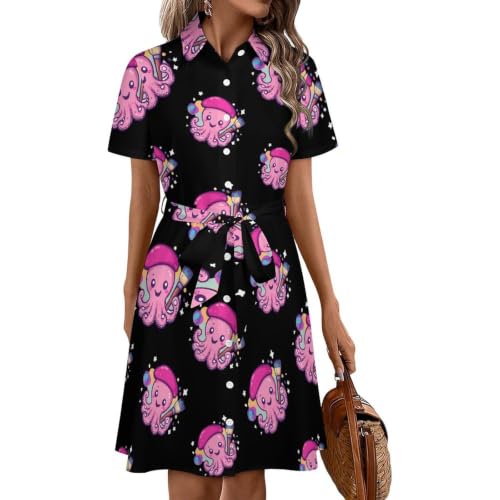 Robe chemise midi artistique motif pieuvre peintre pour femme avec boutons