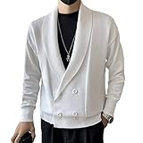HZCX FASHION Men Shawl Collar Double Breasted Cardigan Sweater Knit Jacket Blazer(White,Large)