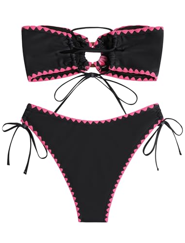 Image of ZAFUL Women's Bandeau Bikini O Ring Strapless Tie Back High Cut Two Piece Swimsuit Bathing Suits