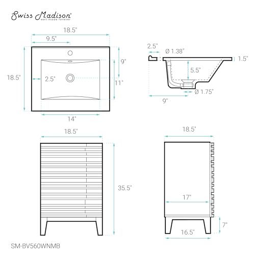 Image of Swiss Madison Cascade 18 in. Brown Oak Bathroom Vanity with Black Ceramic Sink Top