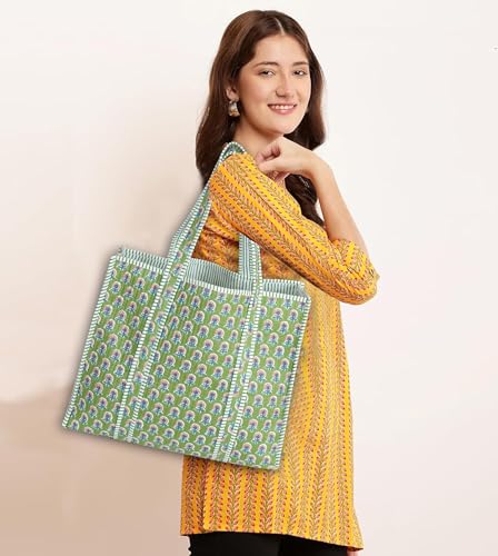 Image of Cotton Tiger Block Print Tote Bag, Indian Handmade Shopping Shoulder Bag, Unisex Market Daily Use