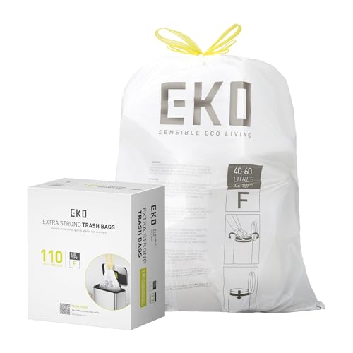 Image of EKO 13 Gallon / 40-60 Liter,110 Count Drawstring Trash Bags, Extra-Strong Unscented Garbage Bags, Easy-Dispense Roll for Kitchen & Household Use, Resists Tears, Leaks and Punctures, Code F, White