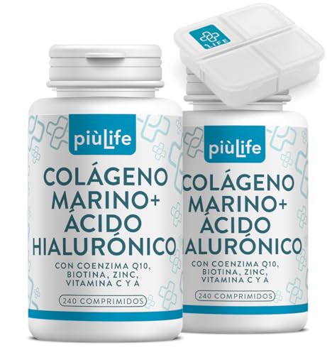 Colageno Hidrolizado Marino Con Acido Hialuronico Y Vitamina C PiùLife, 480 Comprimidos, 2000 mg Colageno Marino Puro Con Q10 Y Antioxidantes, Suplemento Piel Cabello Y Uñas