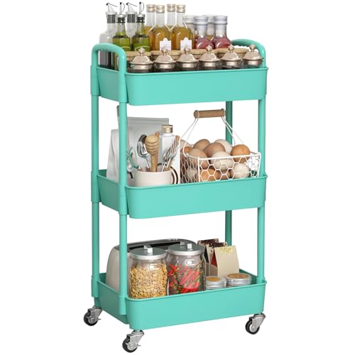 Image of Sywhitta 3-Tier Plastic Rolling Utility Cart with Handle, Multi-Functional Storage Trolley for Office, Living Room, Kitchen, Movable Storage Organizer with Wheels, Green