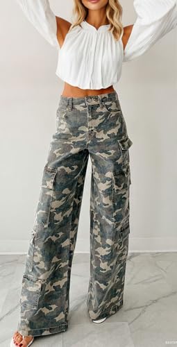 loveimgs Women Casual Camo Print Denim Pants Y2k Wide Leg Cargo Jeans Flare Distressed Camouflage Jeans Sweatpants Pockets3
