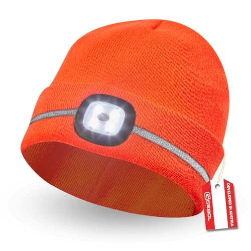 Gebol Gorro LED naranja | Linterna frontal en gorro de punto | Gorro con rayas reflectantes | Puerto USB para cargar | 60 minutos de duración de luz | 4 niveles de luz | Unisex | Naranja | 1 pieza