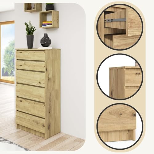 AKORD | Kommode K60 mit 6 Schubladen | für das Wohnzimmer Schlafzimmer Schrank Büro Arbeitszimmer | Modernes Funktionales Design | B60 x H130 x T40 cm, Gewicht 43kg | Eiche Artisan – Bild 5