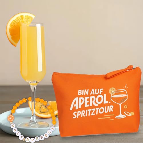 Aperol Geschenk Kosmetiktasche, mit 1 Aperol Armband, Lustig Geschenke zum Geburtstag Weihnachten für Damen Herren Make Up Tasche Reise Schminktasche, JGA für Damen Schminktasche(Orange)