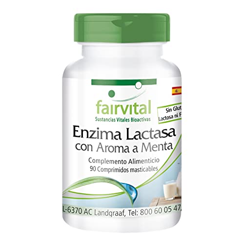 Fairvital | Enzima Lactasa - Ayuda contra la intolerancia a la lactosa - Dosis elevada - 90 Comprimidos masticables - Calidad Alemana