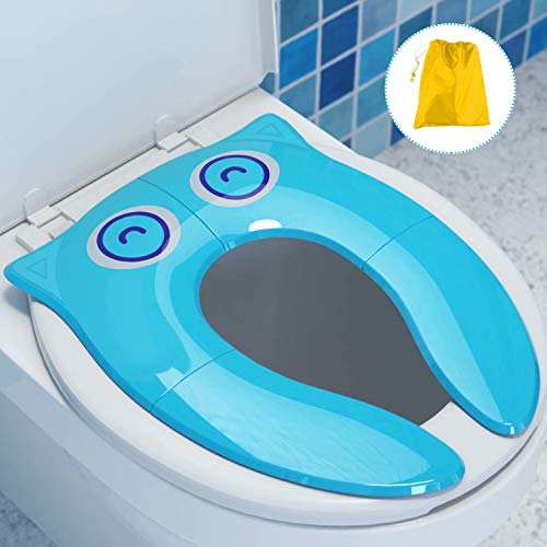 Portable Potty Seat for Toddler Travel - Foldable Non-Slip Potty Training Toilet Seat Cover for Boys Girls, Baby Kids with Drawstring Bag (Blue Owl)