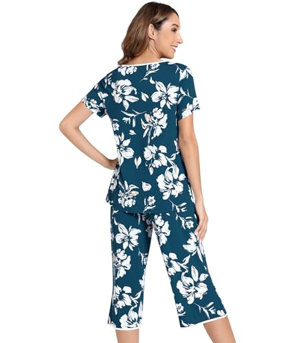 Image of NACHILA Bamboo Viscose Pajamas for Women Lace V Neck Capri Pants Pjs Set