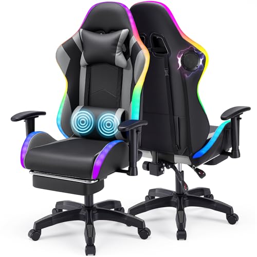 Warmiehomy RGB Gaming Chair with LED Lights and Bluetooth Speakers Ergonomic Reclining Gaming Chair for Adults with Footrest Video Game Chair with Adjustable 2D Armrests and Massage High Back Grey