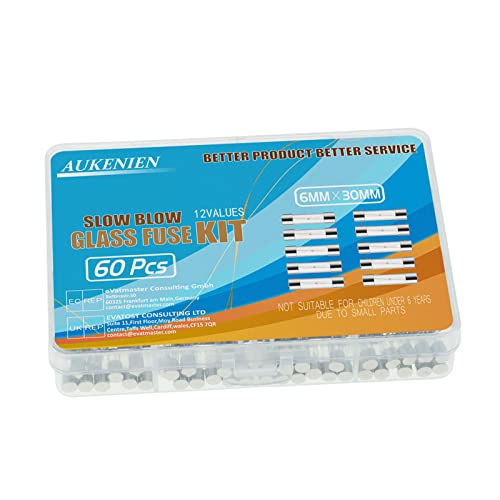 Aukenien 12 Values 60Pcs 6X30Mm 6.3X32Mm Slow Blow Glass Cartridge Fuse Assortment Kit 250V 0.5A 1A 2A 3A 3.15A 4A 5A 6A 7A 8A 10A 12A T 0.5 1 2 3 3.15 4 5 6 7 8 10 12 Amp Time Delay Fuses Assorted #TOP4