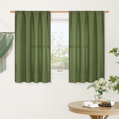 Image of LAMIT Olive Green Linen Curtains 40 Inch for Kitchen Small Window 2 Panels