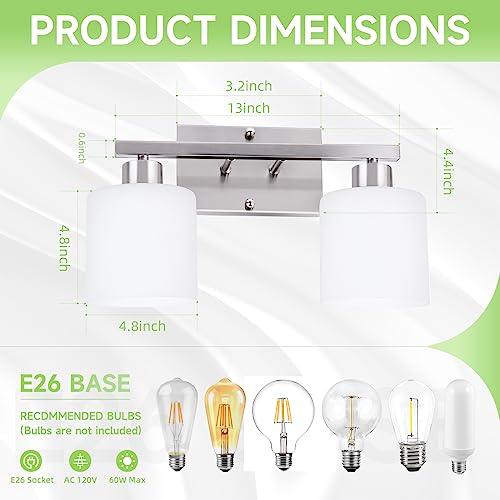 Image of CANMEIJIA 2-Light Bathroom Vanity Light Fixtures Brushed Nickel, Morden Vanity Wall Scones Lighting for Bedroom Living Room, Vanity Lights with Milky White Glass Shades, E26 Socket, Bulbs Not Included