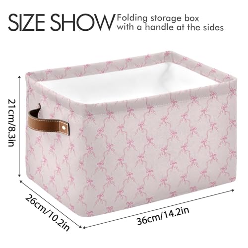 Image of Wamika Pink Bowknot Storage Basket with Waterproof Liner and PU Handles Bow Coquette Storage Bins Boxes 14.2 inch Collapsible Decorative Organizer Baskets for Bedroom Closet Office 1 Pack