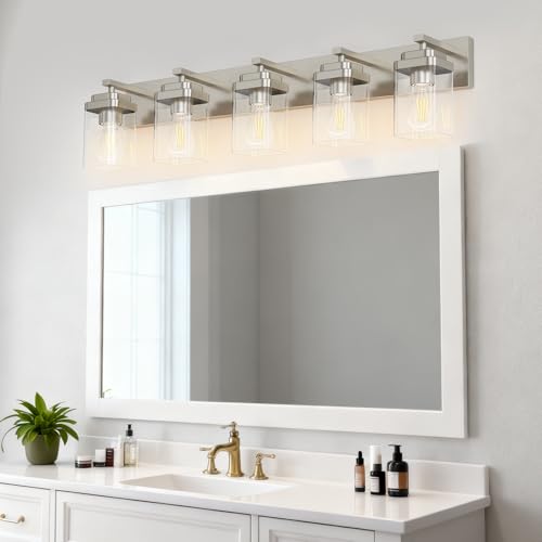 Image of Brushed Nickel Bathroom Light Fixtures, 5 Lights Bathroom Lighting Fixtures Over Mirror, Square Design & Rectangle Large Backplate, Modern Vanity Lighting Fixtures, for Living Room /Bedroom