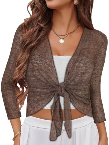 Image of Women Crop Cardigan Sheer Mesh Bolero Shrug for Dress Tie Front 3 /4 Sleeve Tops