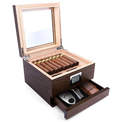 Handmade Cedar Cigar Humidor, Natural Wood Texture Glass Top Cigar Humidor Case for 30-50 Cigars, Digital Hygrometer Humidifier and Accessory Drawer, Desktop Humidors(30-50 Cigars)