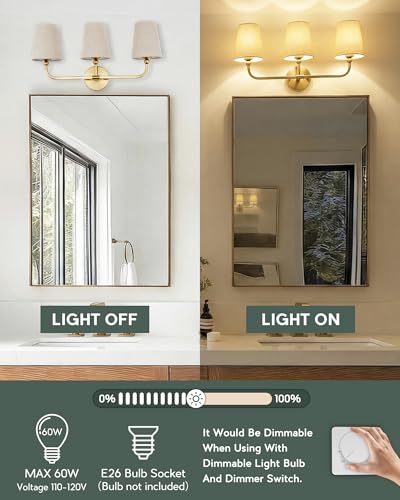 Image of 3-Light Bathroom Light Fixtures, Brushed Gold Vanity Lights with Brown Fabric Shade, Modern Sconces Wall Lighting for Hallway Bedroom, Upward Lighting, VL837-BG-L-3