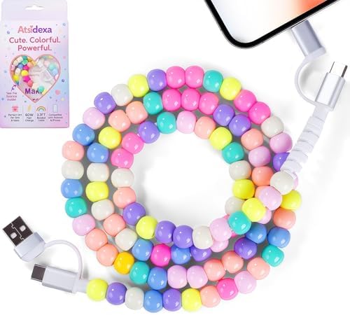 Atsidexa 4-in-1 Beaded Charging Cable, Metal Design, Nicely Packed, 60W Fast Charging, MFi Certified, Cute Colorful Cable, Gift for Girls, Compatible with iPhone, iPad, AirPods, Galaxy, and More
