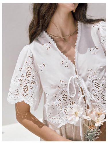 SOLY HUX Women's Hollow Tie Front Crop Tops Ruffle Short Sleeve V Neck Summer Blouse Shirts3