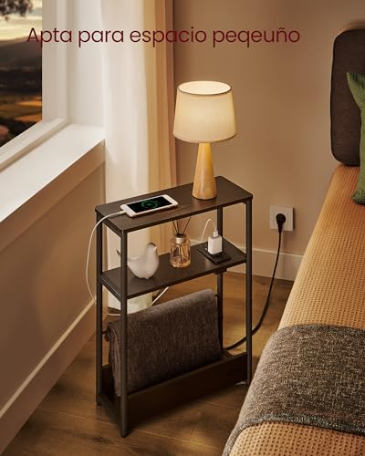 VASAGLE Mesa Auxiliar con Multienchufe, Mesita Estrecha con 3 Estantes, para Espacios Pequeños con Revistero, para Salón, Dormitorio, Estudio, Negro Ébano y Negro Tinta LET335B02 - imagen 4