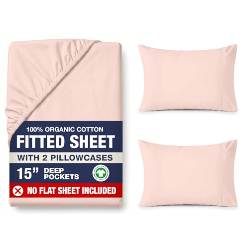 Image of LANE LINEN 100% Organic Cotton Full Fitted Sheet, 3-Piece Set (1 Fitted Sheet, 2 Pillowcases), Percale Weave, Ultra Soft, Breathable, GOTS Certified, Fits Mattress Upto 15 inch Deep - Sepia Rose
