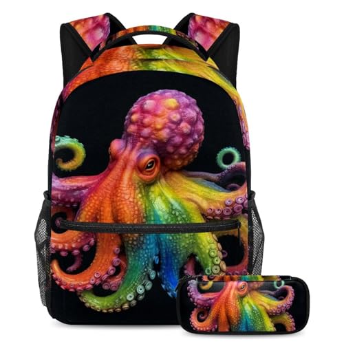 Sac à dos punk pieuvre multicolore et sa trousse résistante pour le quotidien de votre enfant