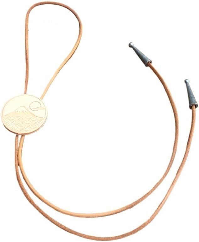 Japanese Art Mount Fuji Bolo Tie for Men Women, Embossed Gold Tone Landmark Medallion, Nature Inspired Light Tan Faux Leather Cord Necktie