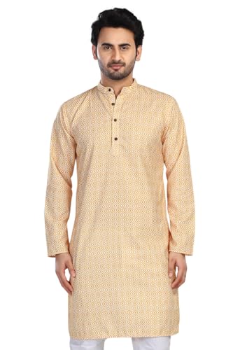 In-Sattva Men's Cotton Folk Print Banded Collar Knee-Length Kurta Tunic; Haldi Yellow; MD