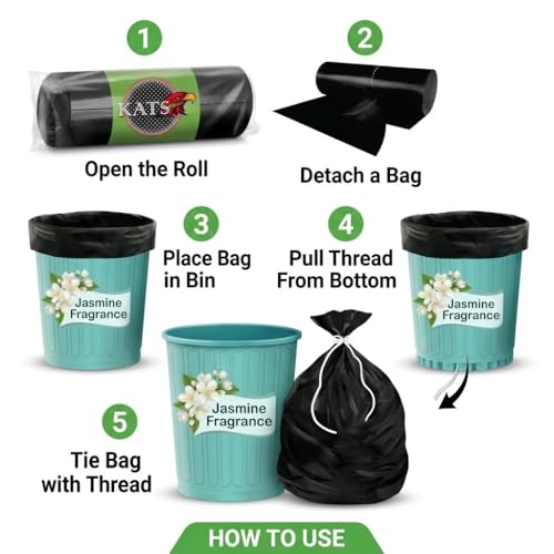 Image of KATS GLOBAL Premium (Jasmine Fragrance) Scented Garbage Bags | Medium 19 X 21 Inches | 180 Bags (30 Bags X 6 Rolls) | Dustbin Bag /Trash Bag | (Black) - Easy Dispensing